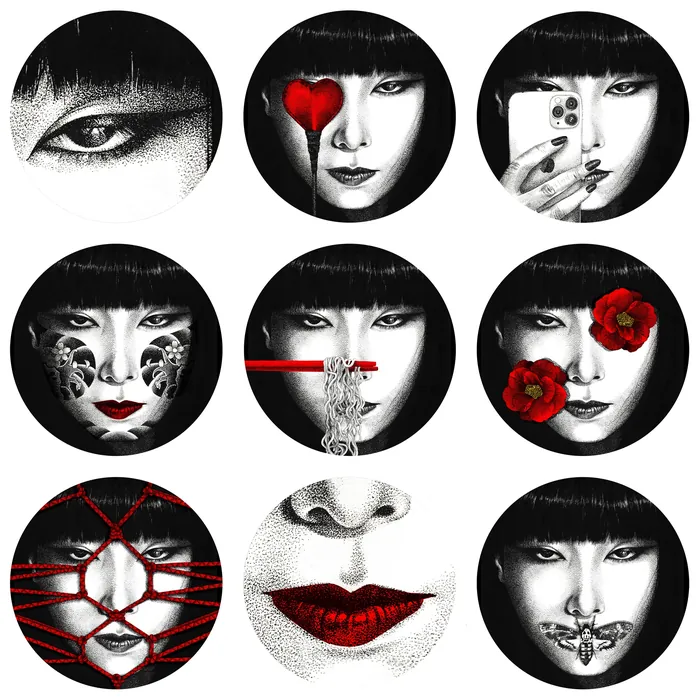 Nine black and white portraits of a woman with red accents by Reiko Lauper