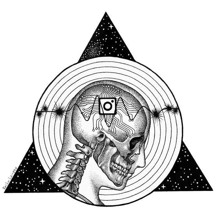 Black and white skull with Instagram logo inside the brain and geometric shapes, by Reiko Lauper