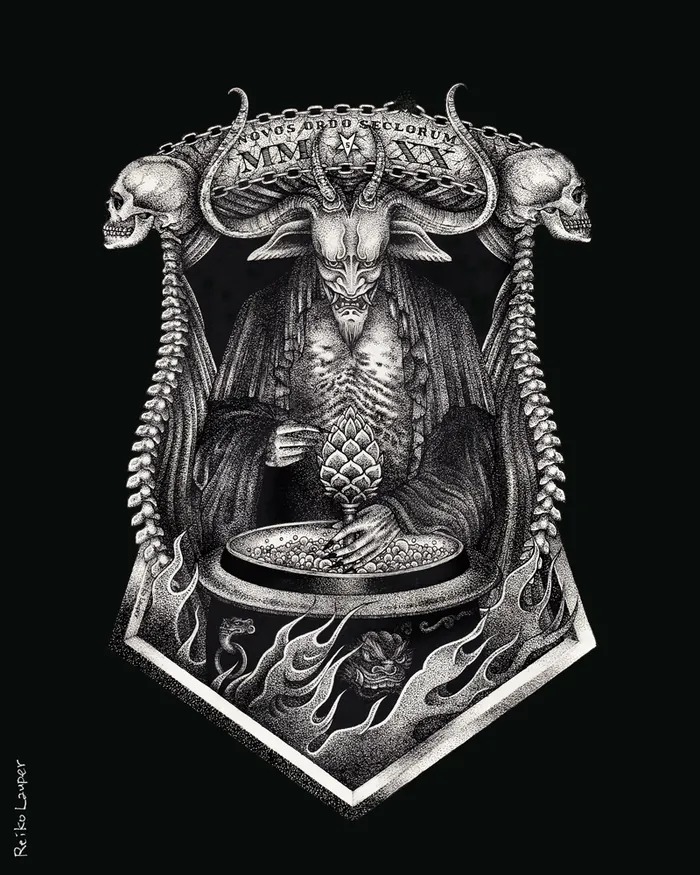 Dark horned figure with skulls and flames by Reiko Lauper