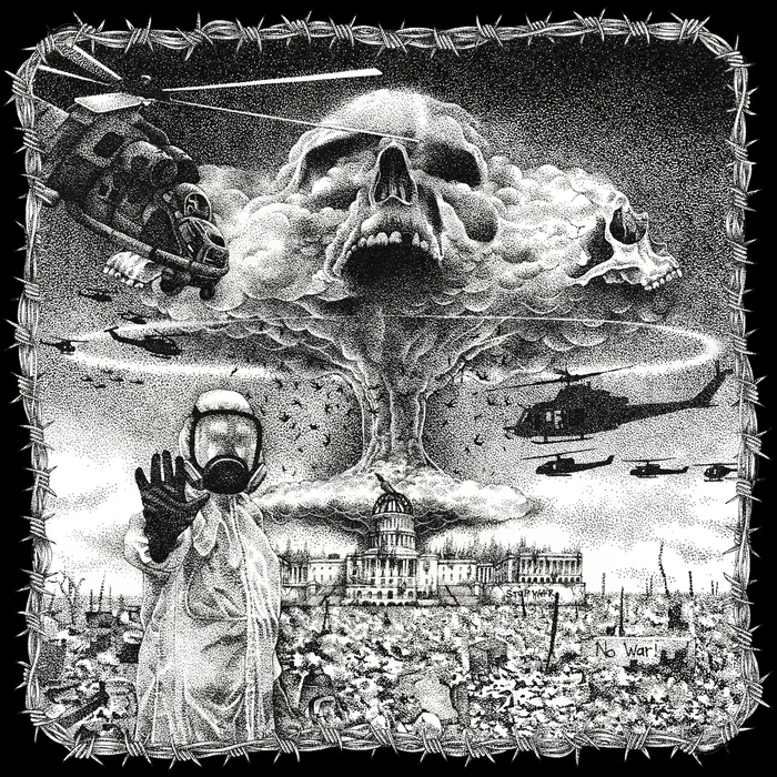 Apocalyptic mushroom cloud skull with helicopters and soldier in protective gear by Reiko Lauper