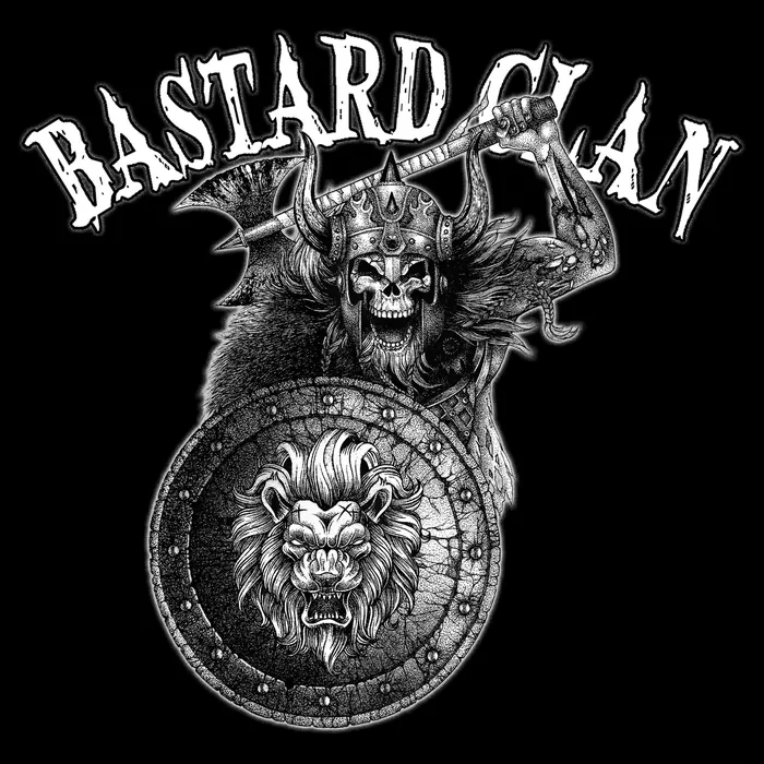 Viking skull warrior with horned helmet, lion shield, and axe by Reiko Lauper