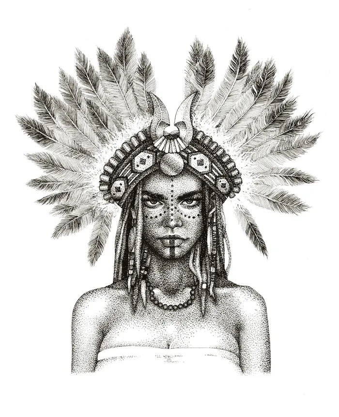 Black and white portrait of a woman with a feathered headdress by Reiko Lauper