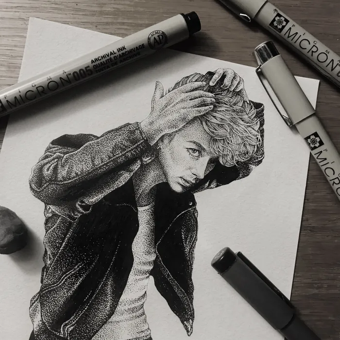 Ink portrait of a person adjusting hair wearing a jacket, drawn by Reiko Lauper