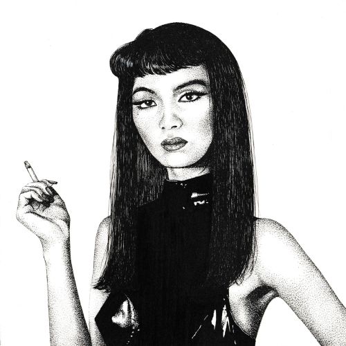 Black and white portrait of a woman smoking, artwork by Reiko Lauper