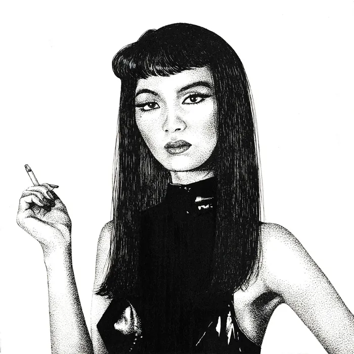 Black and white portrait of a woman smoking, artwork by Reiko Lauper