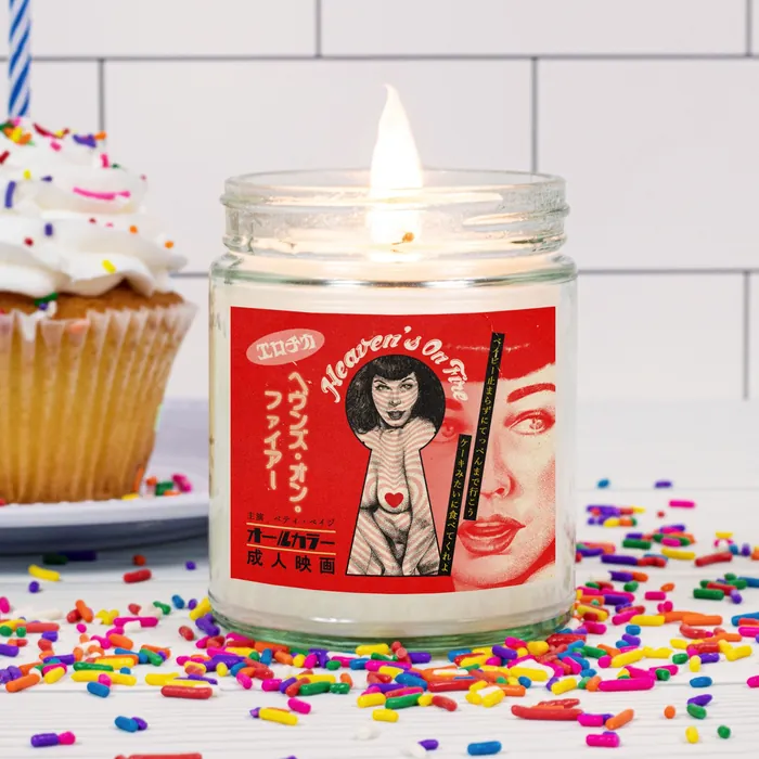 Lit Heaven's Own scented candle with birthday cupcake and colorful sprinkles by Reiko Lauper