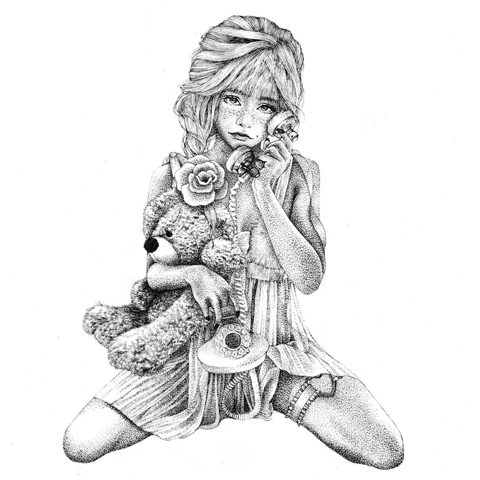 Detailed sketch of a girl holding a teddy bear and vintage phone by Reiko Lauper