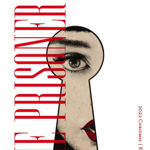 Wine label showing partial woman's face viewed through keyhole by Reiko Lauper
