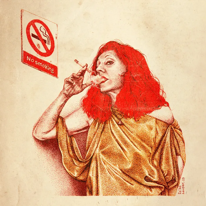 Woman smoking a cigarette near a no smoking sign by Reiko Lauper