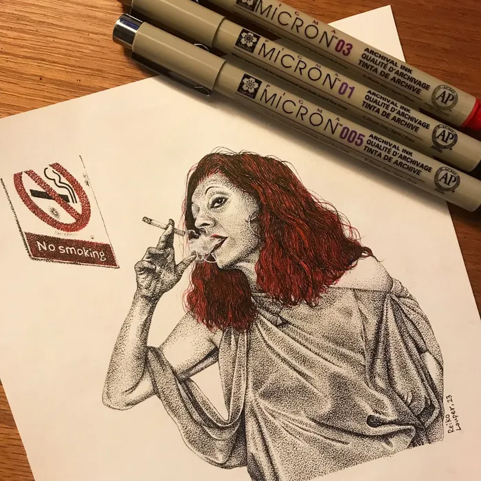 Ink drawing of woman smoking cigarette near no smoking sign by Reiko Lauper