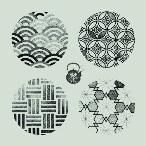 Four black and white geometric pattern circles with a small teapot illustration by Reiko Lauper