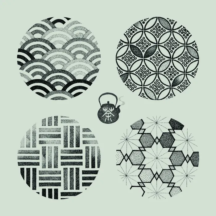 Four black and white geometric pattern circles with a small teapot illustration by Reiko Lauper