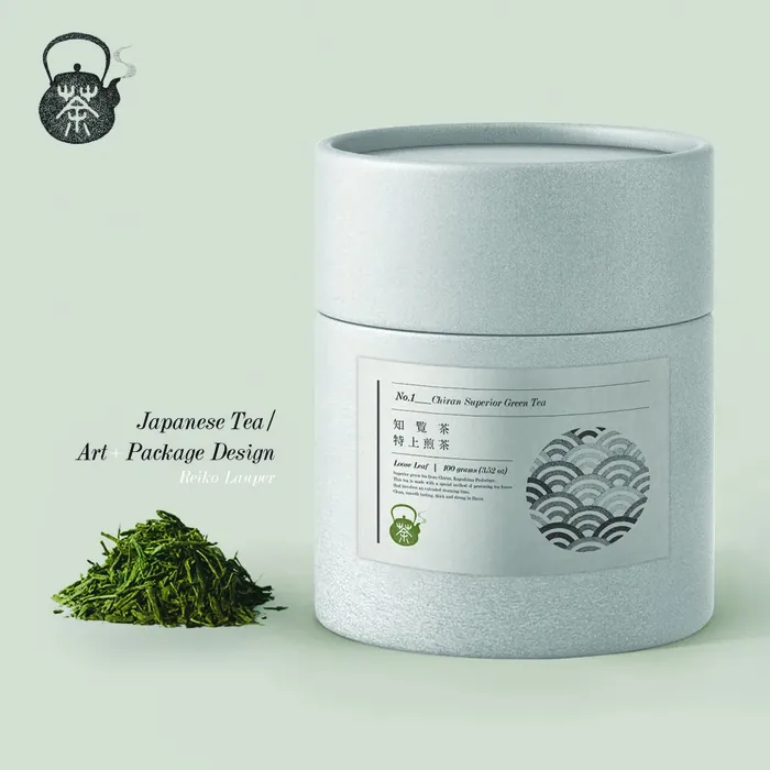 Japanese green tea packaging design by Reiko Lauper with loose tea leaves