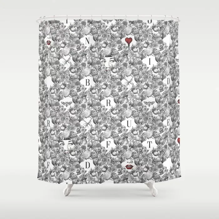 Floral pattern with black and white roses, letters, and red hearts.