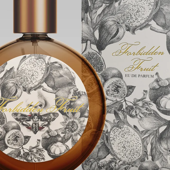 Brown perfume bottle and box with Forbidden Fruit botanical illustration
