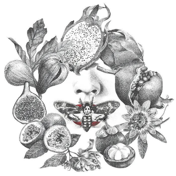 Surreal illustration of fruits, flowers, face, and moth in black and white.