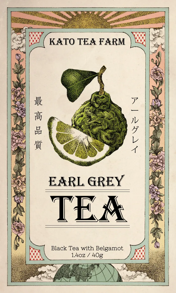 Vintage label for Earl Grey tea with bergamot from Kato Tea Farm