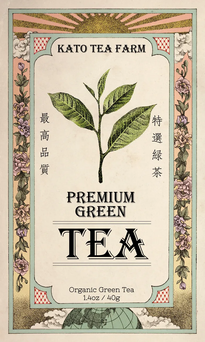 Vintage Kato Tea Farm label with green tea leaves illustration
