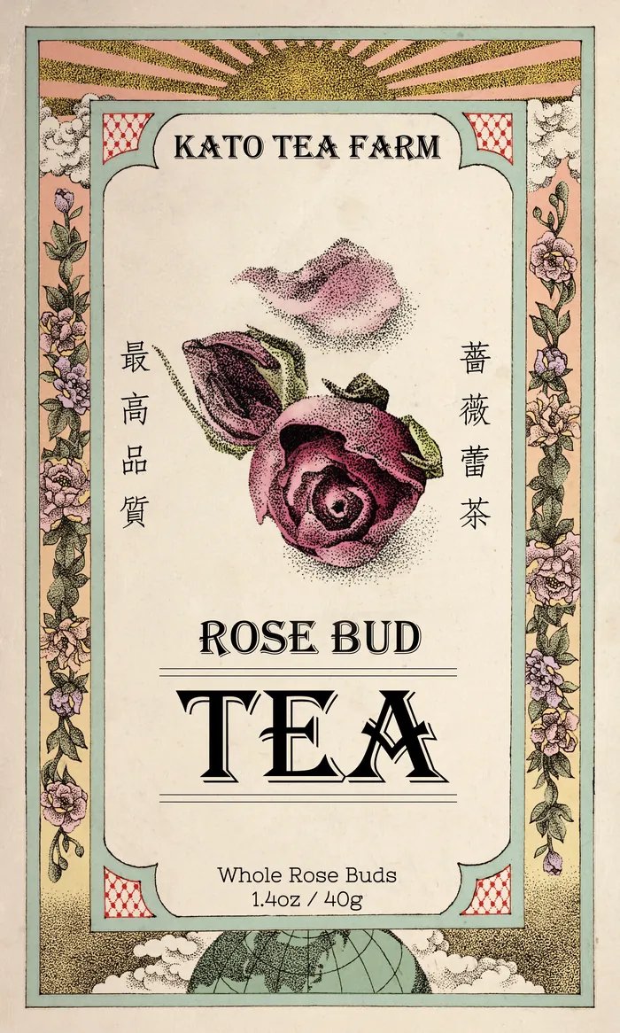 Vintage rose bud tea label with floral border and purple rose illustration
