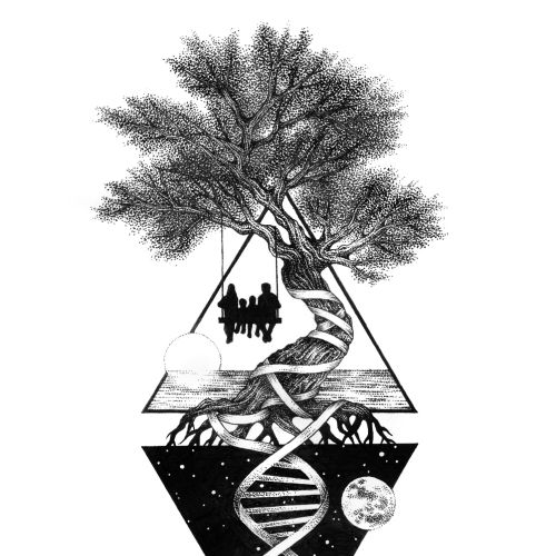 Surreal black and white art of DNA, tree, and space elements