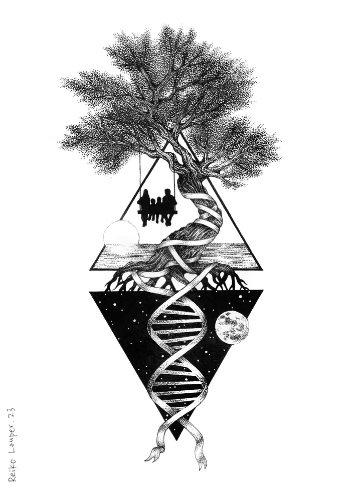 Surreal black and white art of DNA, tree, and space elements