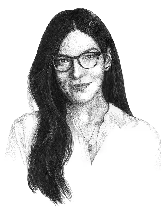 Pencil sketch of a smiling woman wearing glasses and a collared shirt