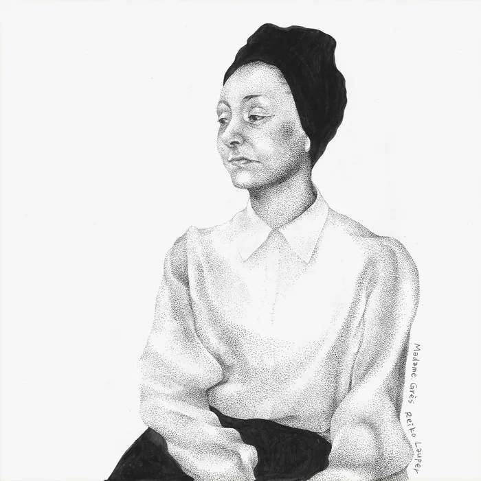 Monochrome drawing of a woman wearing a headwrap and white collared shirt