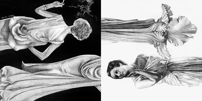 Black and white drawing of women modeling flowing, elegant dresses