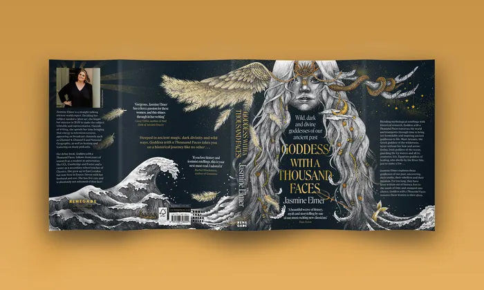 Book cover illustration of a goddess with flowing hair and mystical elements