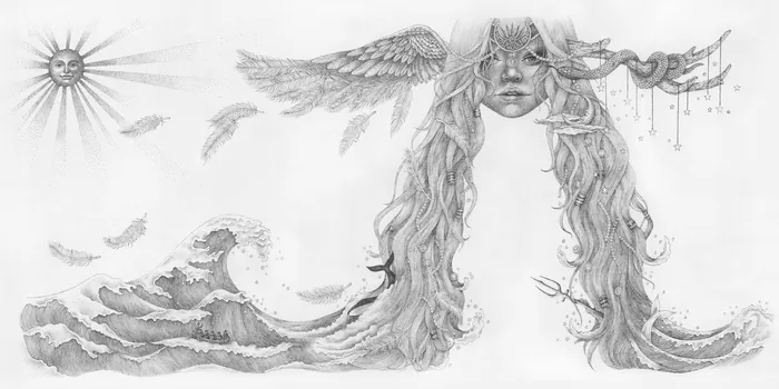 Surreal pencil drawing of a woman's face with hair flowing into waves and feathers