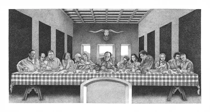 Black and white detailed sketch of The Last Supper scene