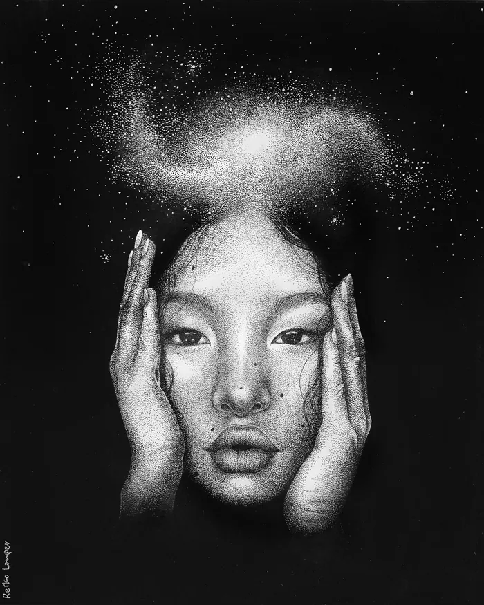 Black and white portrait of a woman with hands on face and galaxy above her head