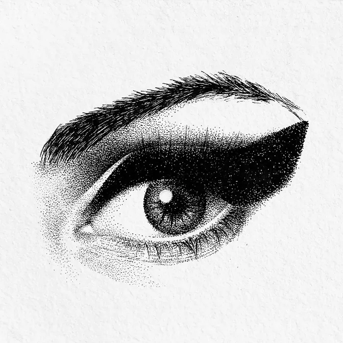 Close-up black and white drawing of an eye with dark eyeliner