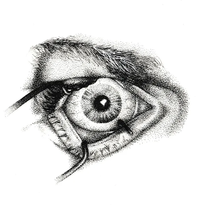Detailed black and white stippling drawing of a human eye