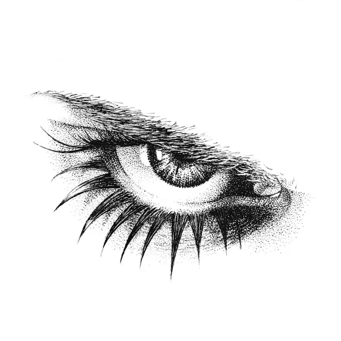 Black and white detailed drawing of a human eye with prominent eyelashes.