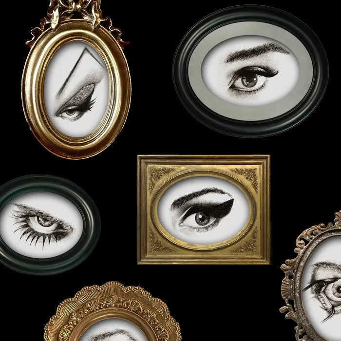 Five artistic eye illustrations in ornate frames on black background