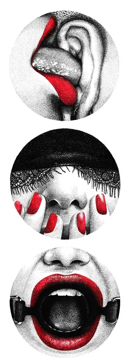 Surreal art with ear and tongue, blindfolded face, and gagged mouth in circles