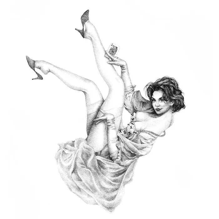 Sketch of woman in dress with high heels holding dice and cards.