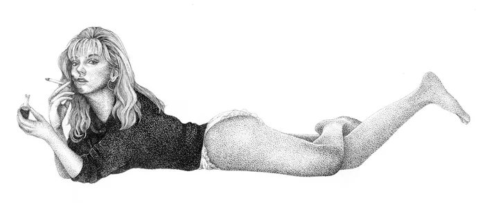 Pencil sketch of a woman lying on her stomach holding a small object