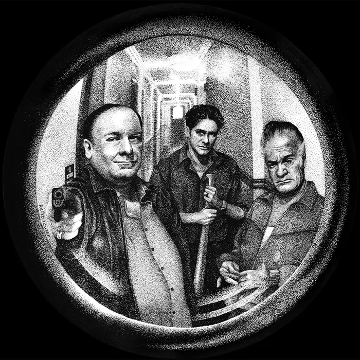 Three men in hallway viewed through fisheye lens, one holding a gun