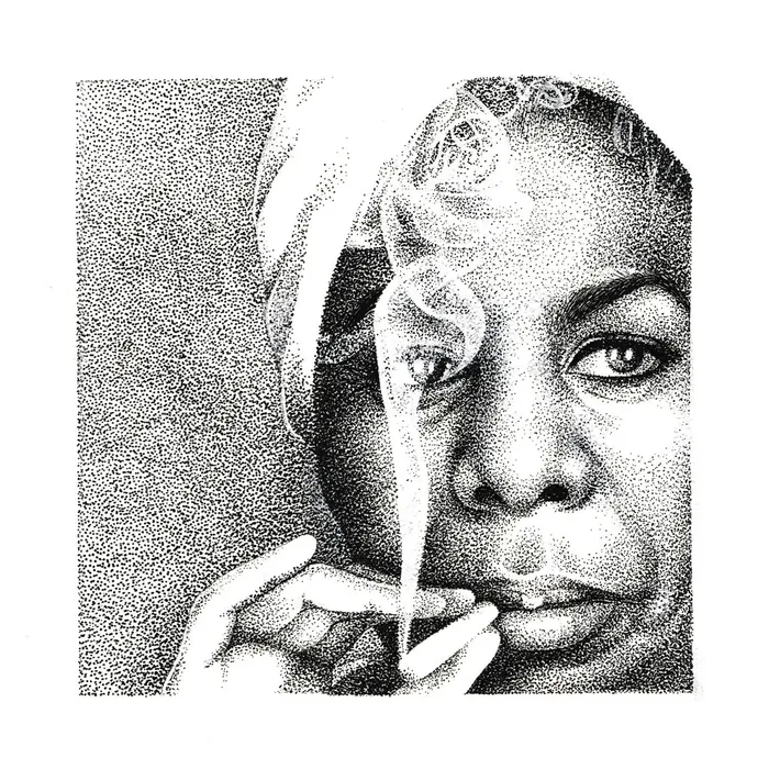 Stippling art of person smoking with focused eyes and white head wrap