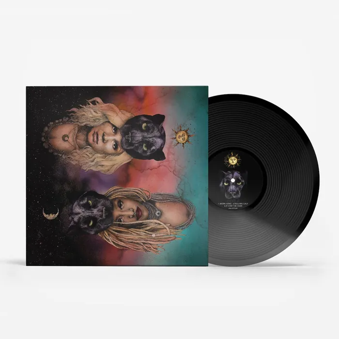 Album cover with human and black panther faces blended together and cosmic background