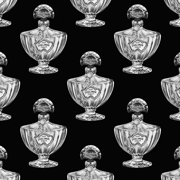 Repeated vintage-style perfume bottles pattern on black background