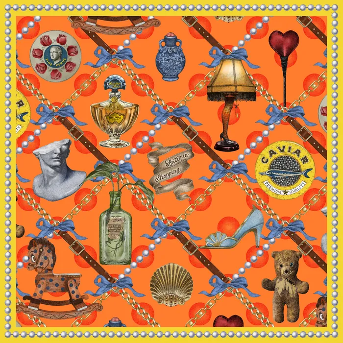 Collage of vintage items including statues, bottles, and toys on orange