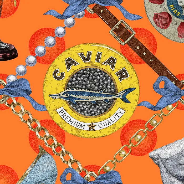 Caviar tin, pearls, leather belt, and gold chain on orange background illustration