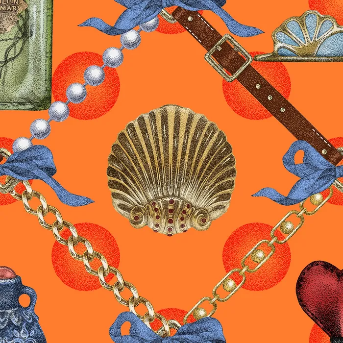Seashell, pearls, gold chains, belts, and bows on bright orange background