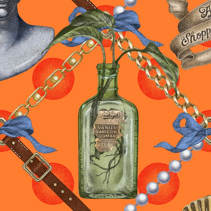 Green vintage perfume bottle with gold chain, pearls, and blue bows