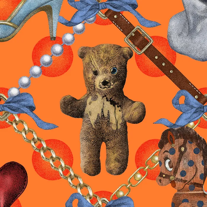 Worn teddy bear with toy horse, pearl necklace, and blue bows on orange