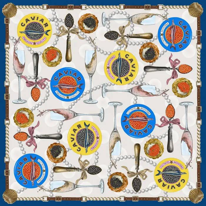 Pattern with caviar tins, seafood, spoons, and pearl necklaces on a white background.