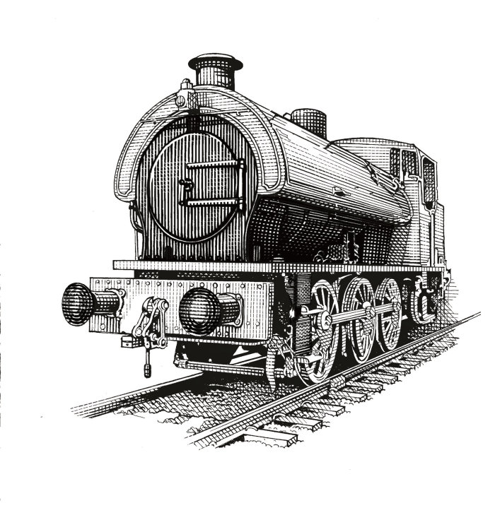 A black and white vintage train engine